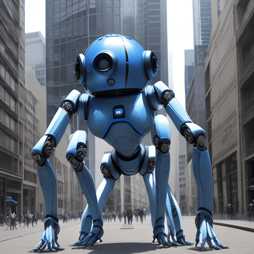 AI generated: arachnid robot, long top droid head, blue & white color, no arms, four same size long legs, city amb...