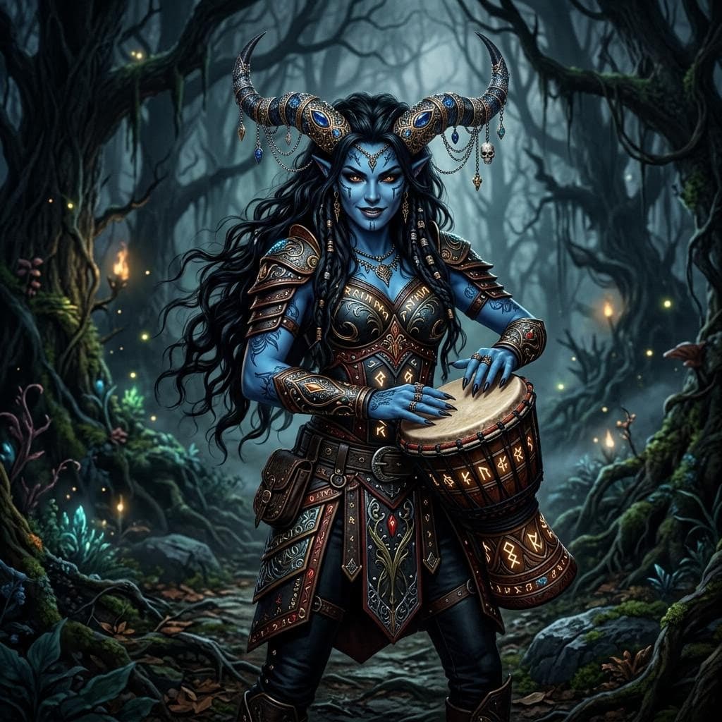 AI generated: a beautiful female demon with blue skin and black hair, ornately decorated devil horns and wearing i...