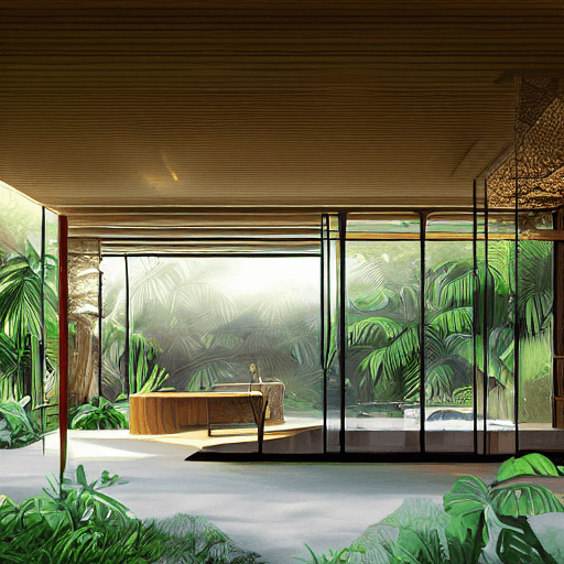AI generated: A beautiful house in tropical modernism style in a forest, volumetric lighting