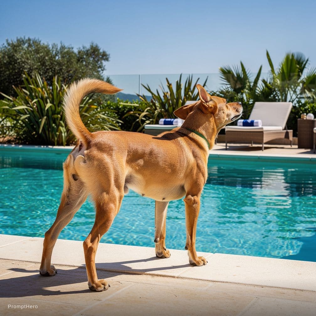 AI generated: Naked doggy pose pool side
