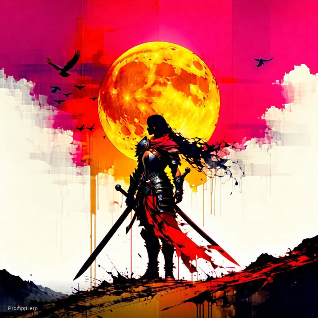 AI generated: poster of warrior princess| standing on hill |centered| key visual| intricate| highly detailed| brea...