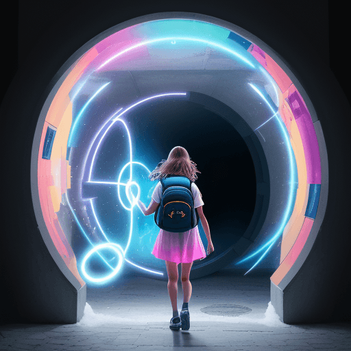 AI generated: [a girl in front of a door: a girl entering a portal leading to another dimension, a magical image, ...