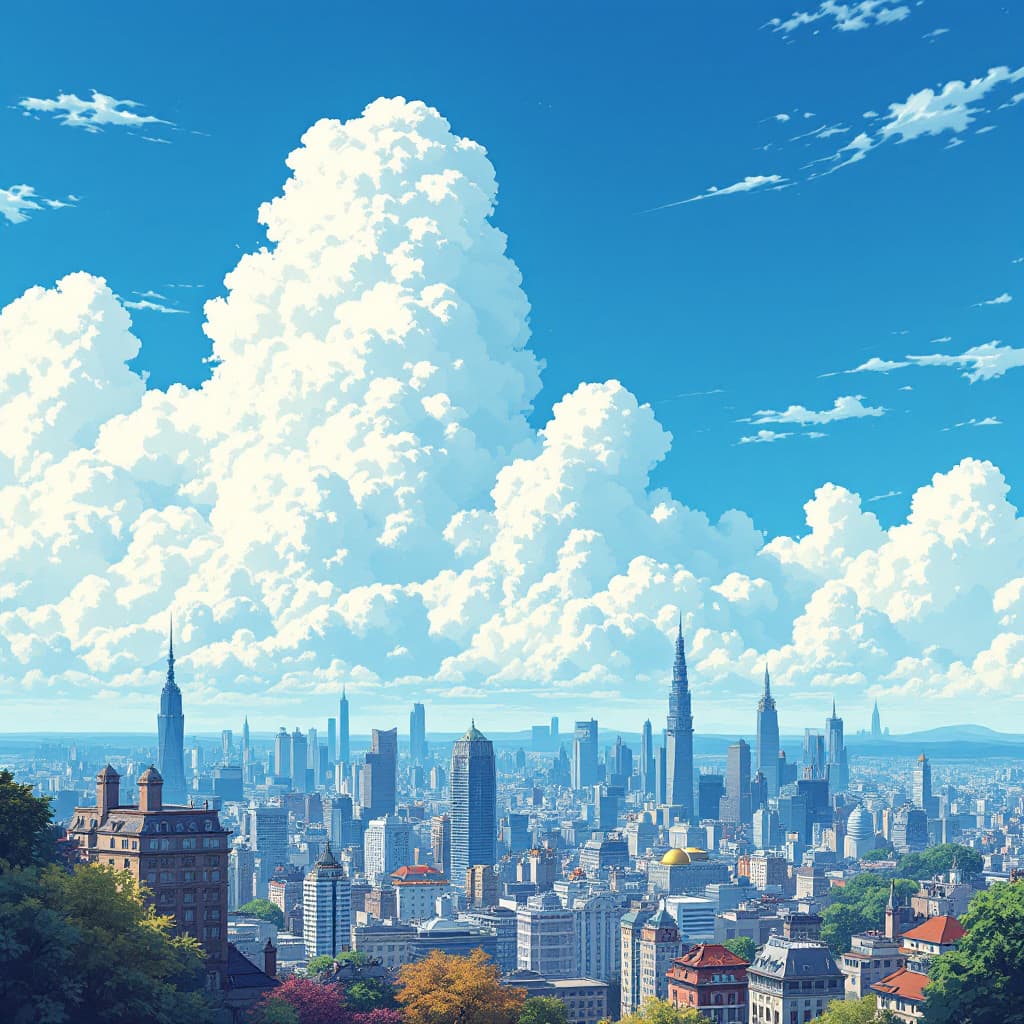AI generated: illustrator like ghibli studio art, perspective of city from HORIZEN and blue sky with some big whit...