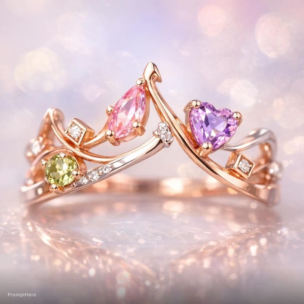 AI generated: feminine crown-inspired ring design, abstract and asymmetrical, delicate flowing curves with playful...