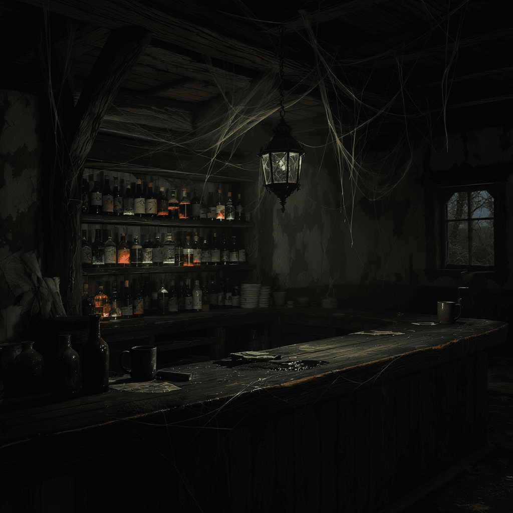 AI generated: "An old, abandoned tavern bar at twilight, standing silently in a decaying wooden hall. The counter ...