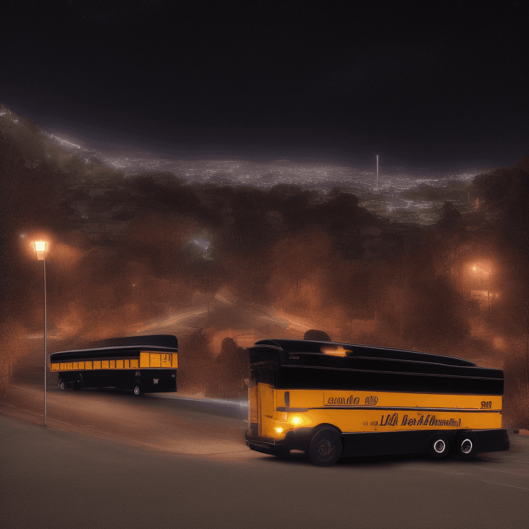 AI generated: big glossy black school bus on a hill, glowing lights in the middle of the night, very detailed, lit...