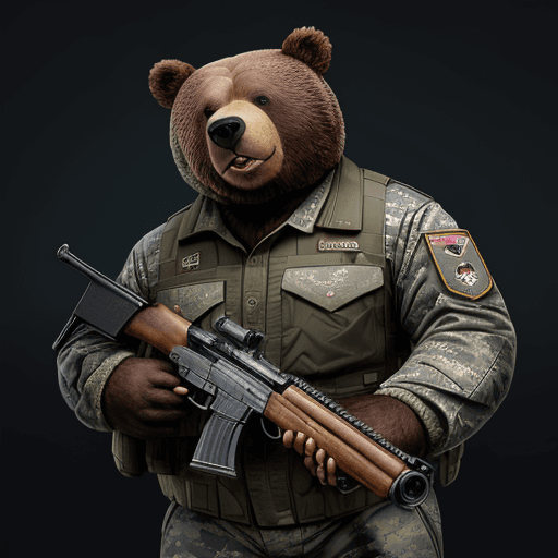 AI generated: Courageous greazly bear in full heart military uniform, holding a shotgun, anthropomorphic, super de...