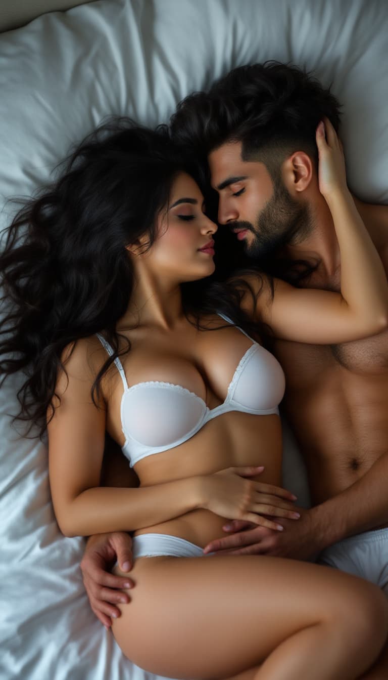 AI generated: couple, husband  and wife, laying in bed together , Indian beautiful sexy woman wife medium plus siz...