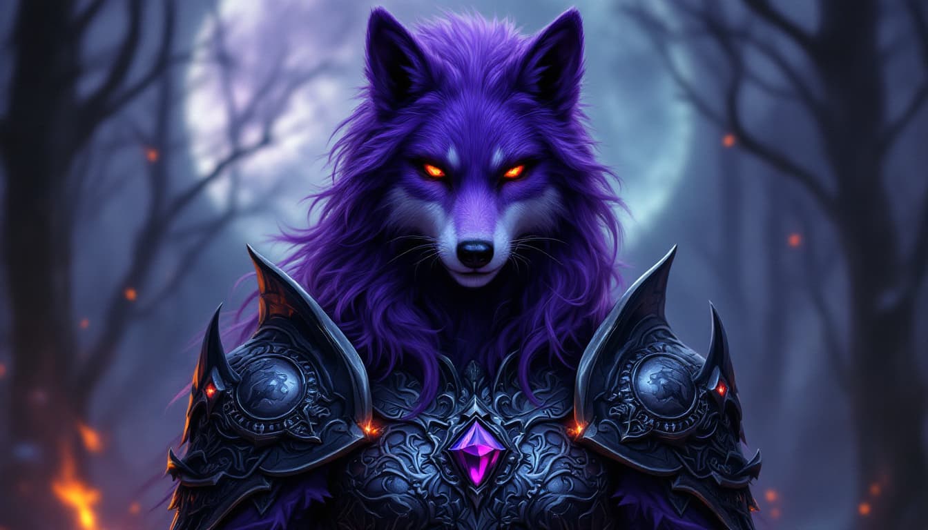 AI generated: A full body digital painting of a 28 year old Furry with a Purple wolf head, Purple Fur On the neck,...