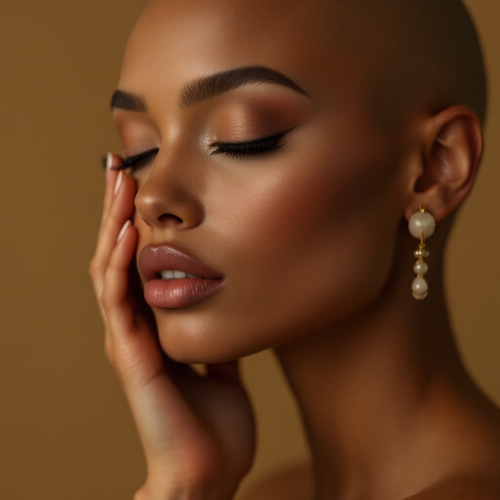 AI generated: Portrait of a bald Caucasian woman with delicate and elegant features, soft matte skin and subtle ma...