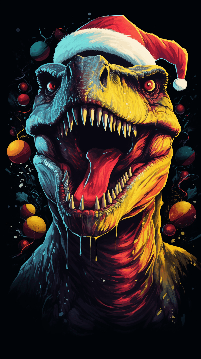 AI generated: smiles very broadly showing teeth happy dino in full growth, santa costume, t-shirt design, synthwav...