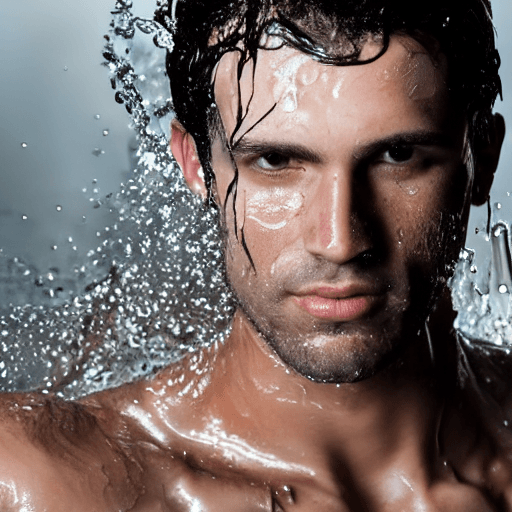 AI generated: Brunette man, wet brown hair, with splash of water hit over his face, serious, masculine, heroic, wi...
