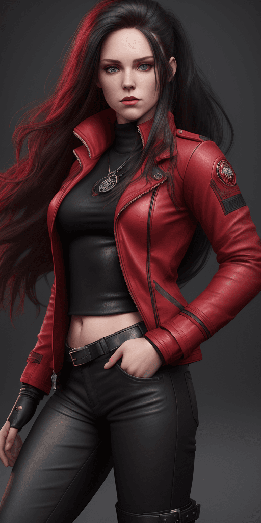 AI generated: Amy Johnston, (red jacket:1. 4), (black pants:1. 5), (long hair:1. 4), black boots, leather outfit, ...