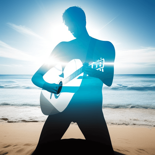 AI generated: double exposure of a photo of a beach through the silhouette of a man's body playing guitar, the bac...