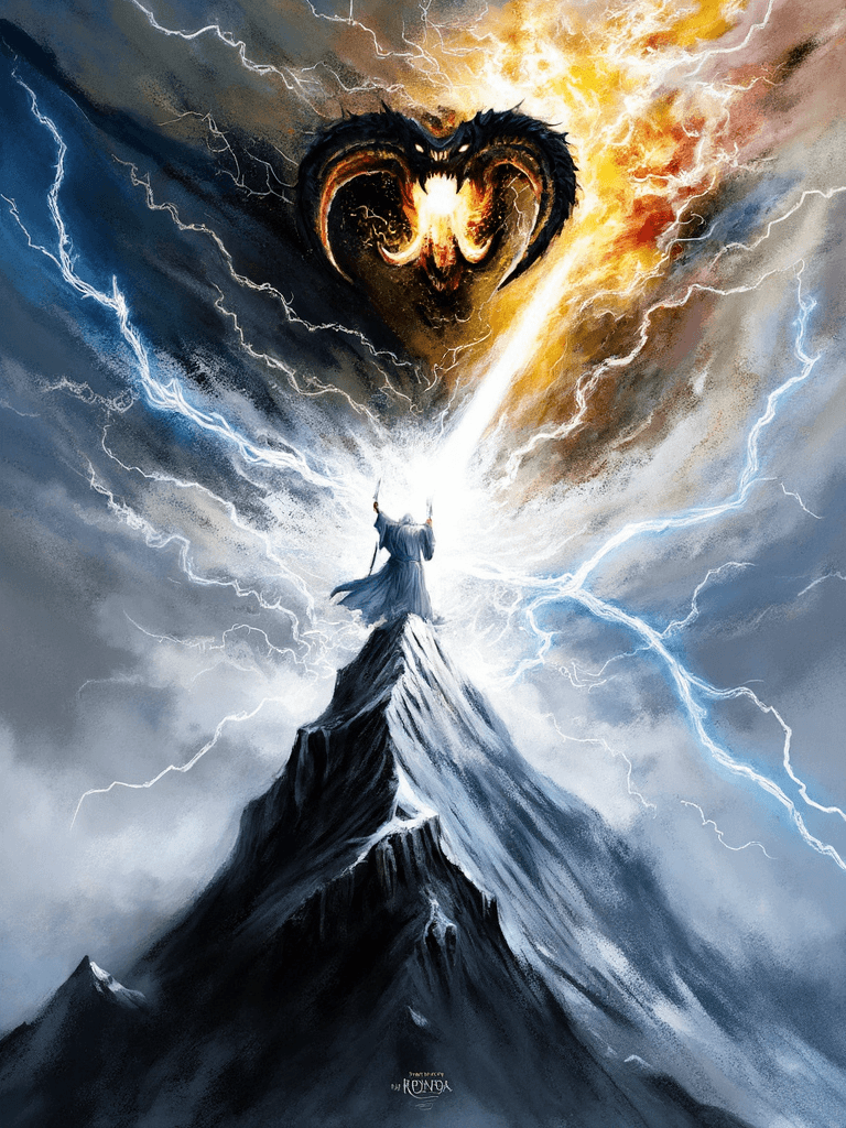 AI generated: An abstract, powerful depiction of the final clash between Gandalf the Grey and the Balrog of Moria ...