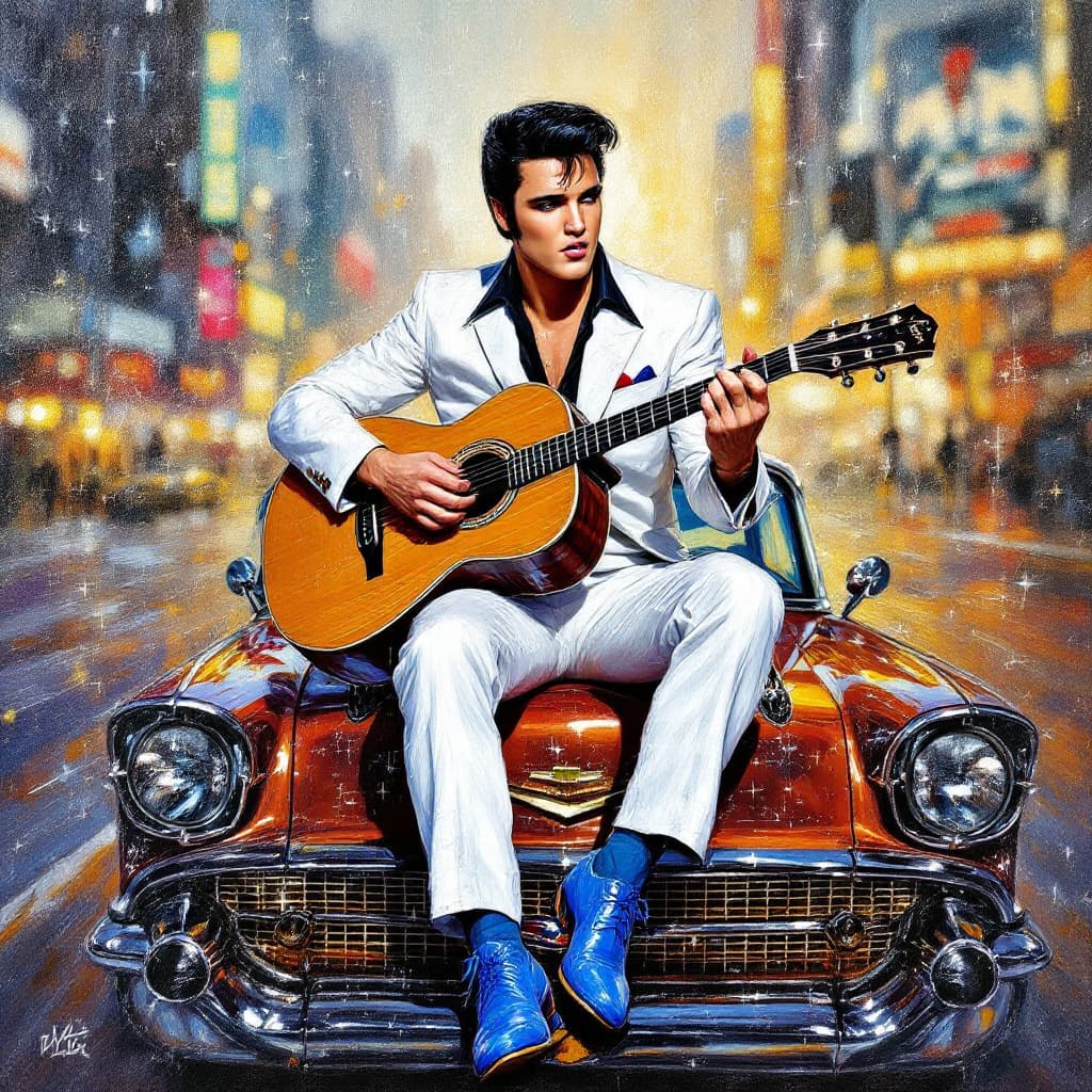 AI generated: impasto oil painting of Elvis. He is sitting on top of a sparkling chevy car. He is holding a guitar...