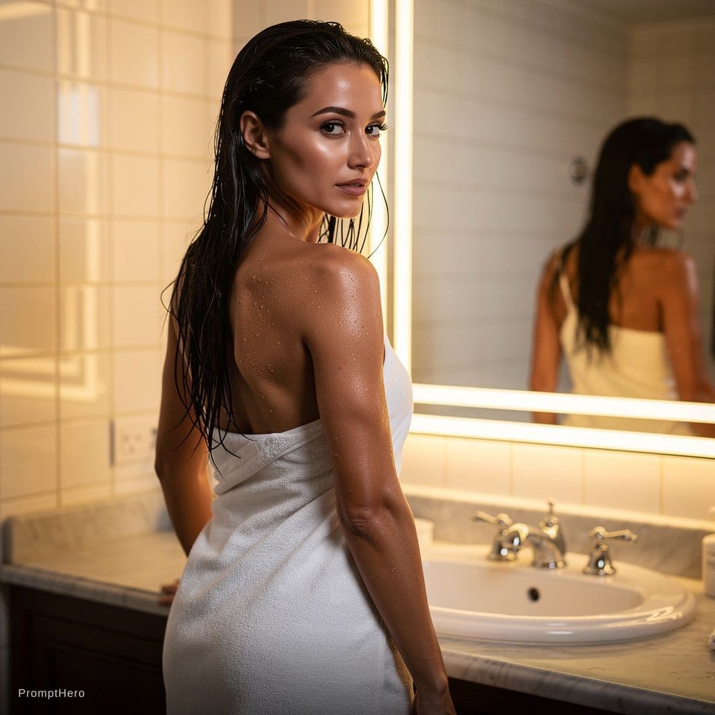 AI generated: A stunningly beautiful nude woman with long, wet, dark hair cascading down her back, standing in a l...