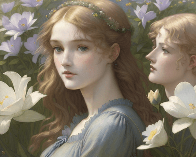 AI generated: woman insipired by Lucien Lévy-DhurmerLe Silence and Albert-Émile Artigue Fleurs de Printemps and  D...