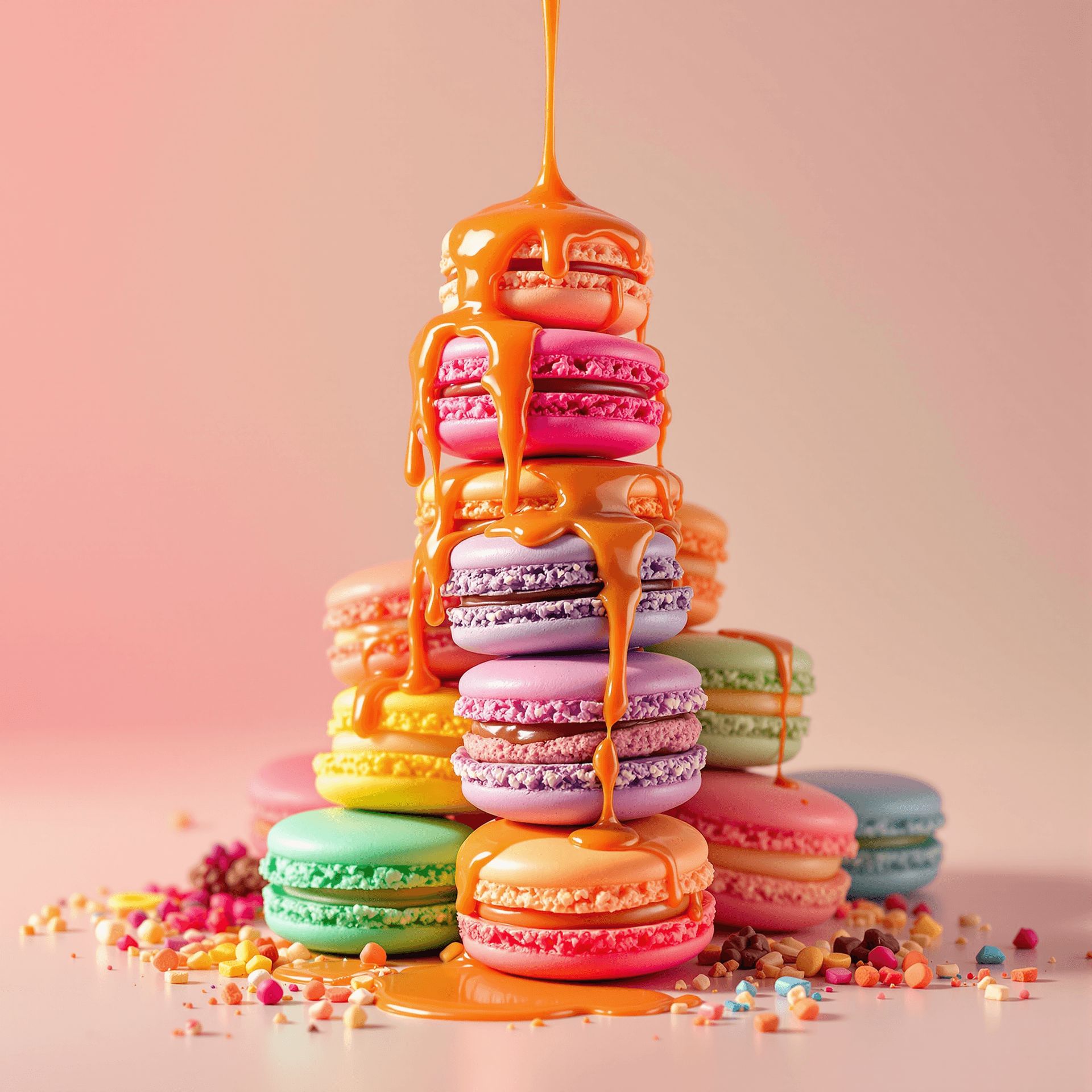 AI generated: Editorial shot of a bunch of colorful macarons creating a tower effect. Caramel toffee is dripping o...