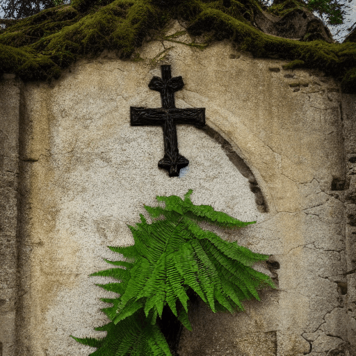AI generated: full length professional photo, an old ruined church in an oak forest with ferns, with an old tree i...