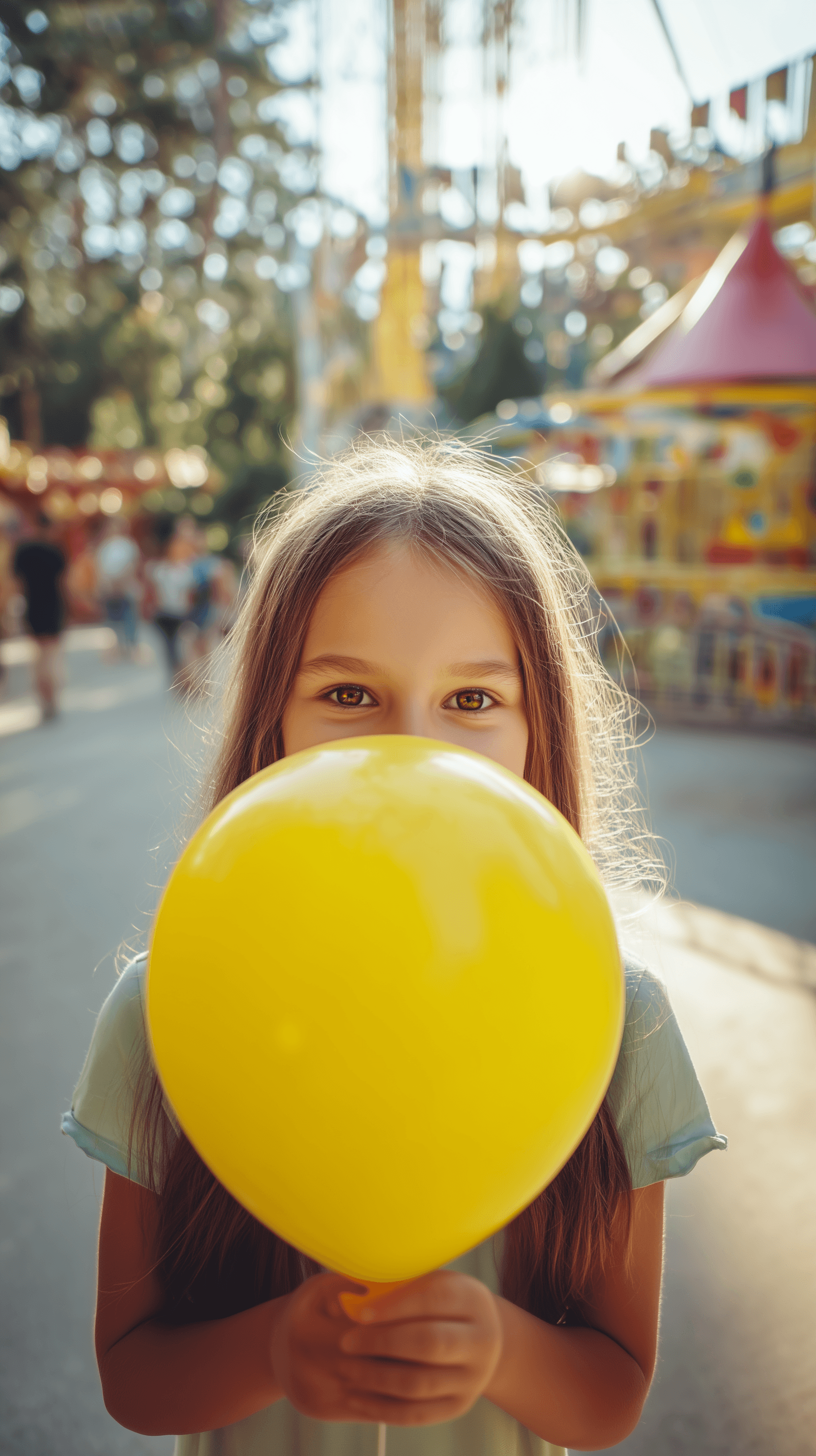 AI generated: photography, front view, 8 years old cute girl, smiling behind a yellow balloon, eye-level shot, cen...