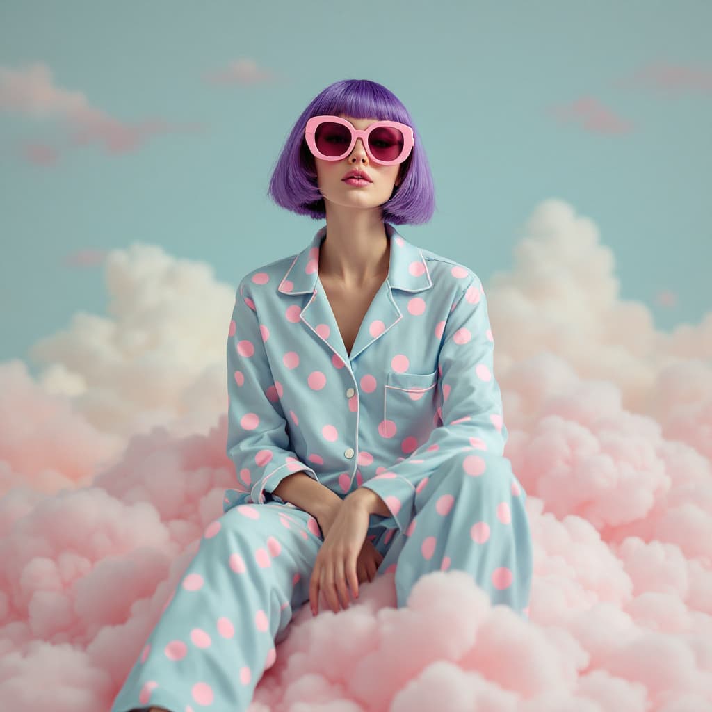 AI generated: A photo of an eccentric woman sitting on top of pink fluffy clouds wearing big pink sunglasses and l...