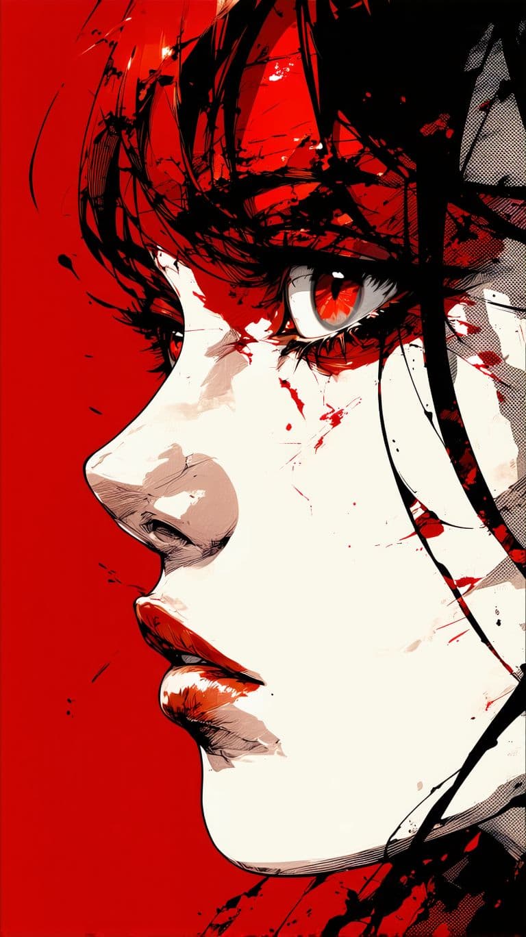AI generated: manga panel of a close-up eye, intense, against a dark red background, in the style of Kentaro Miura...