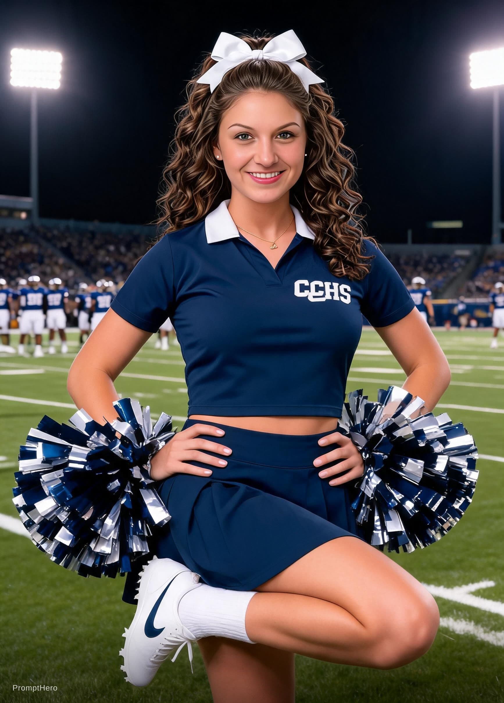 AI generated: Shapely, athletic female cheerleader with wavy shoulder length dark brown hair up in a ponytail with...