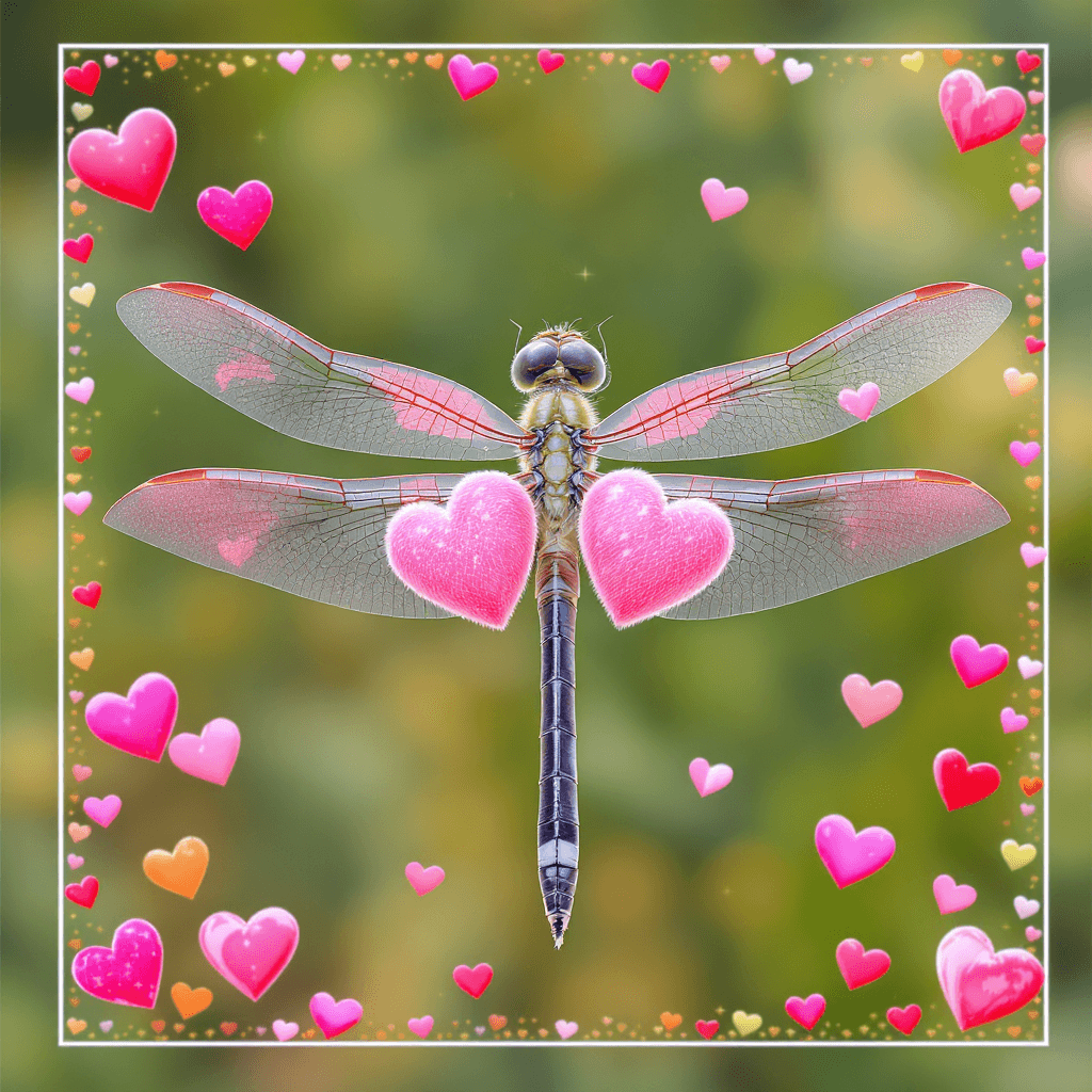 AI generated: a photorealistic illustration, of a dragonfly, with puffy, beautiful hearts, in a square border, sma...