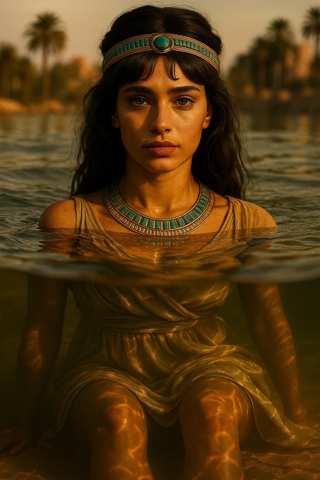 AI generated: Ultra-photorealistic 8K DSLR photo of Sahira, a young Egyptian queen, captured at water level with t...