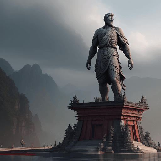 AI generated: a large statue with a man looking at it, in the style of unreal engine 5, malaysia's terrain, movie ...