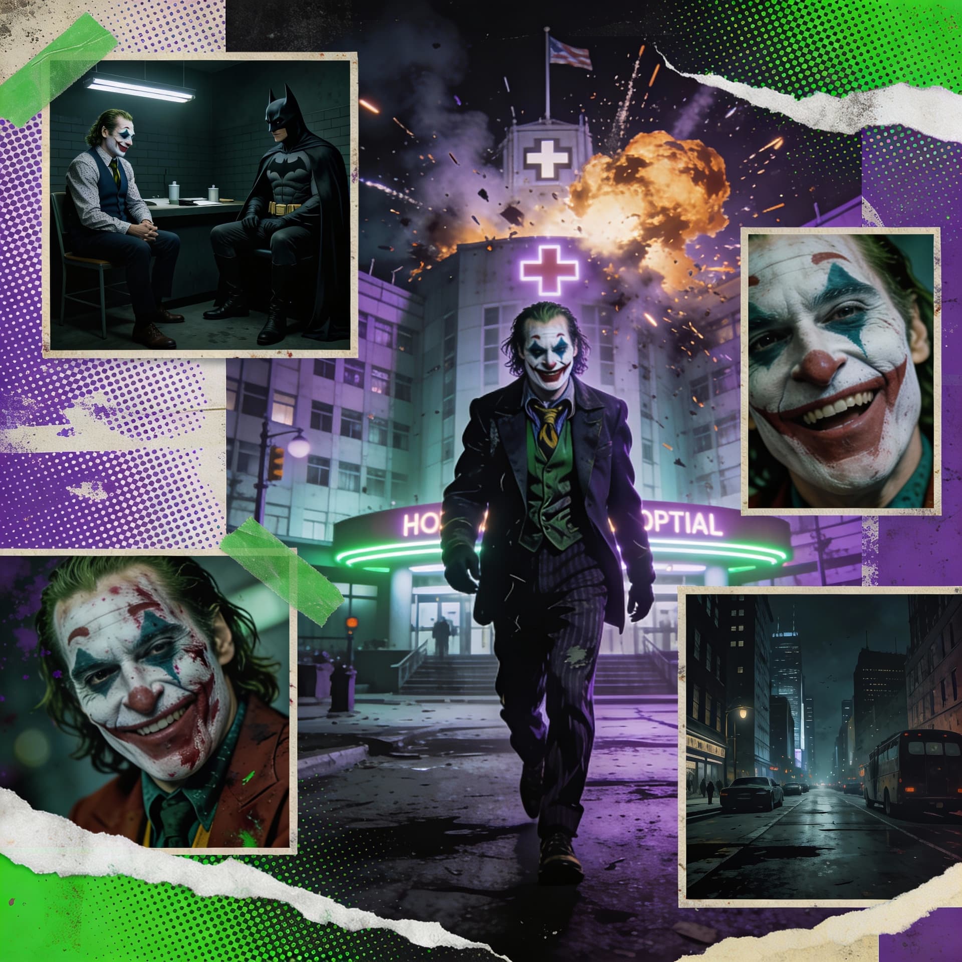 AI generated: A retro vintage collage design of the Joker. The central image shows him walking in his joker outfit...