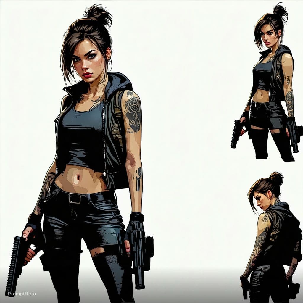AI generated: Full body shot 3/4 view, young beautiful European woman, holding a gun, random illustrations to fill...