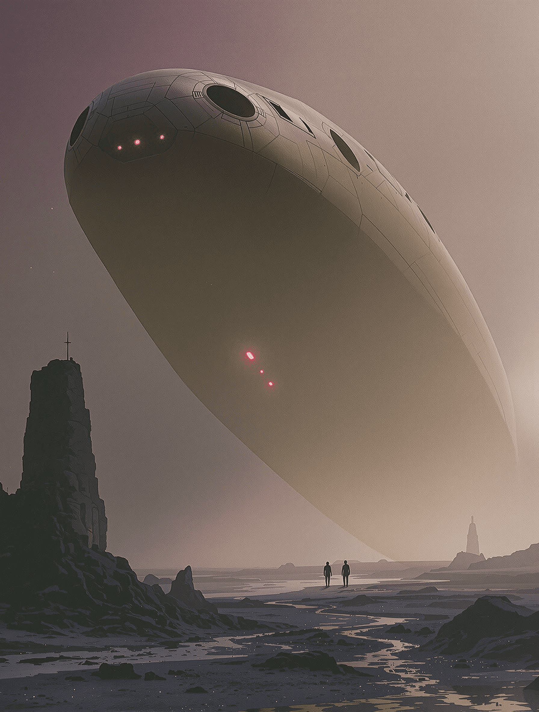 AI generated: /Artprompt Sci-fi  Giant ominous spacecraft, very plain, the only external features are soft red and...