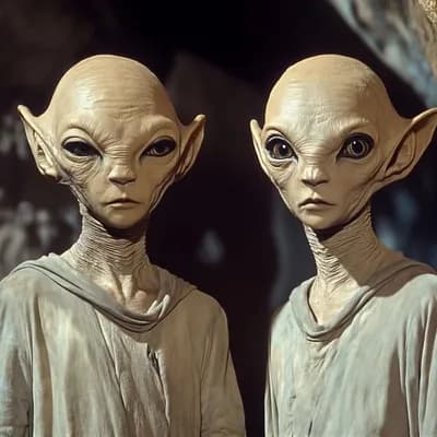 AI generated video: Two aliens stare curiously at the camera, they blink   