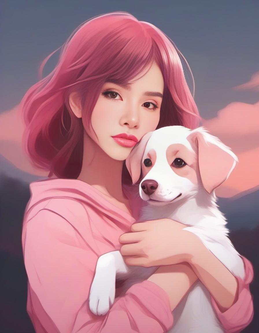 AI generated: a girl, with pink hair, holds her white dog in her arms, in the style of rough-edged 2d animation, s...