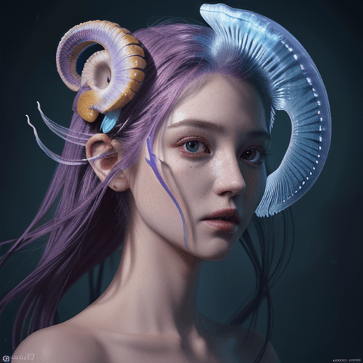 AI generated: Goddess close-up portrait ribcagel. jellyfish phoenix head, nautilus, orchid, skull, betta fish, bio...