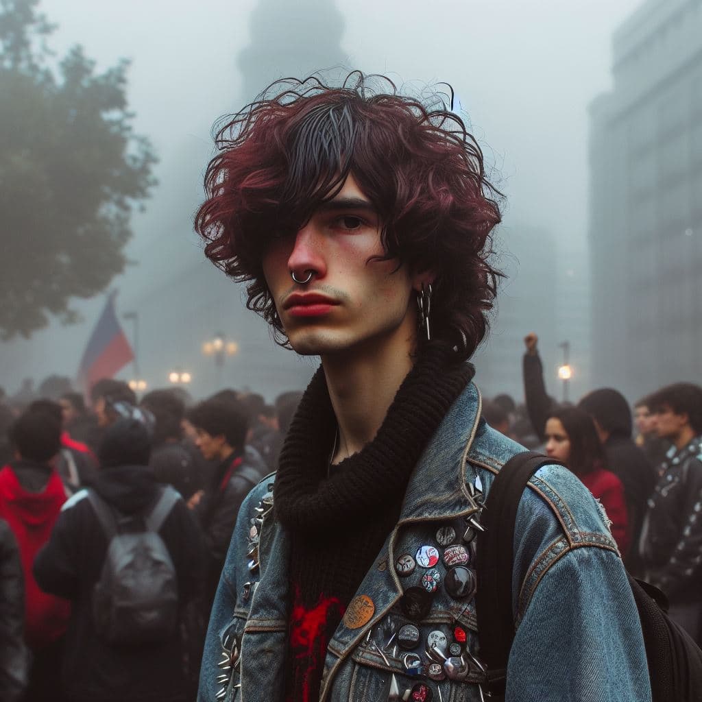 AI generated: In the foggy streets of 1990 Santiago, a street-style photograph captures the essence of grunge fash...