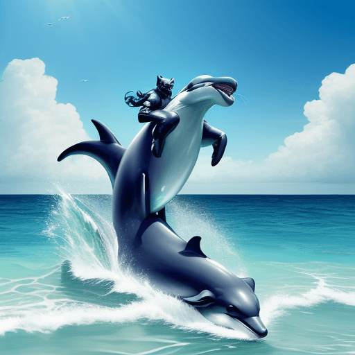 AI generated: a panther riding on top of a dolphin, ocean, beach, bright, realistic