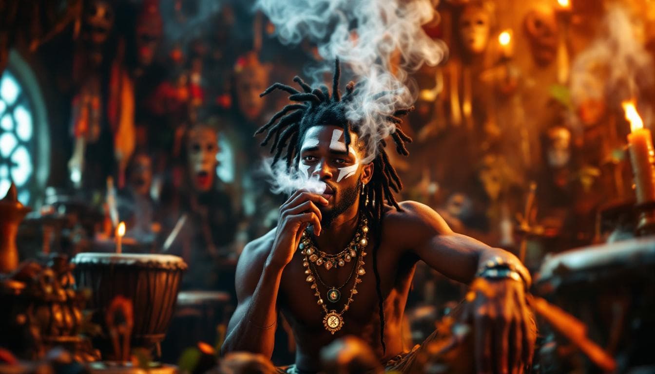 AI generated: 20 black African with dreads in an african shrine smoking  Pixar-style 3D character inspired by a le...