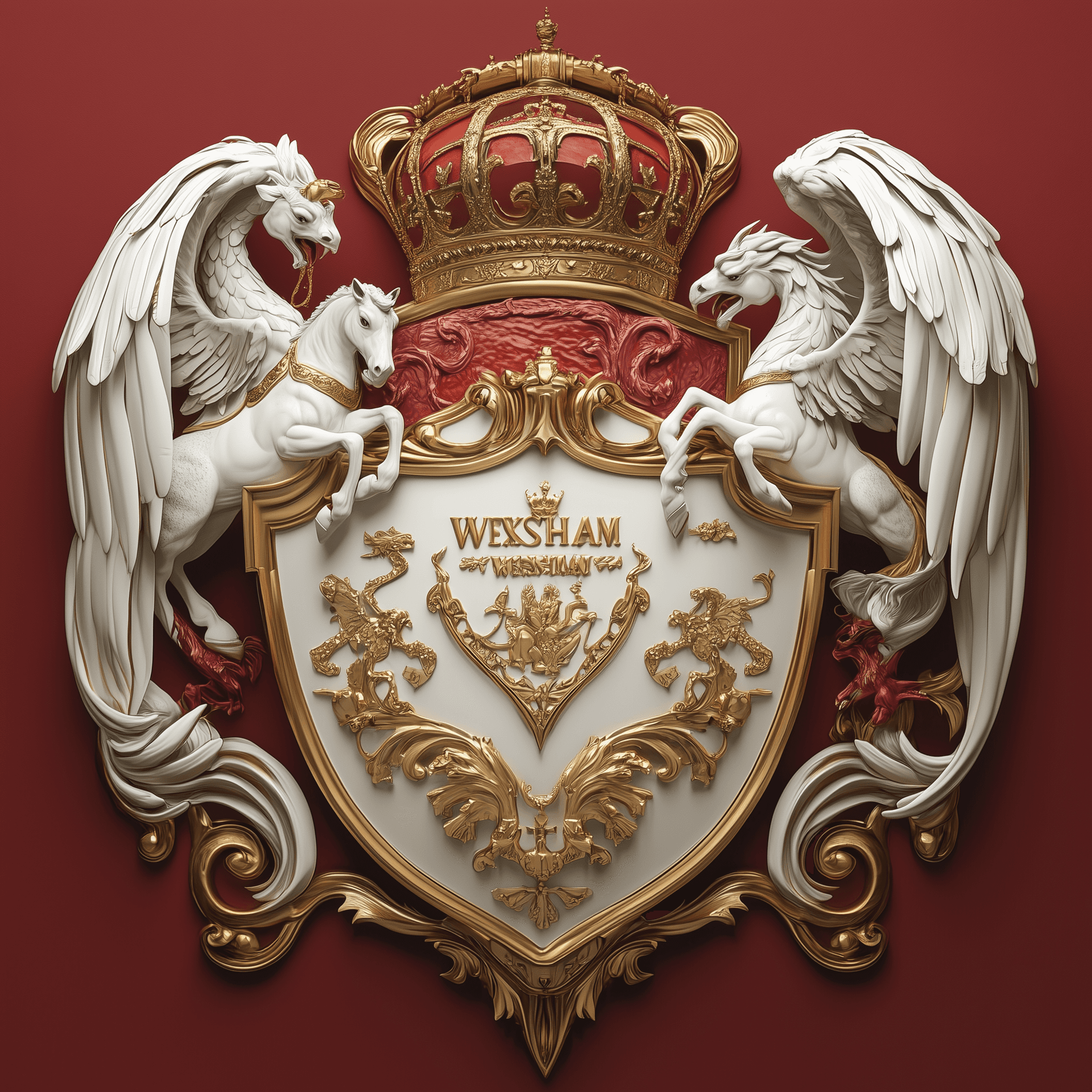 AI generated: magina photorealistic photo. coat of arms shield. on the shild writing in gold WREXHAM. on the left ...