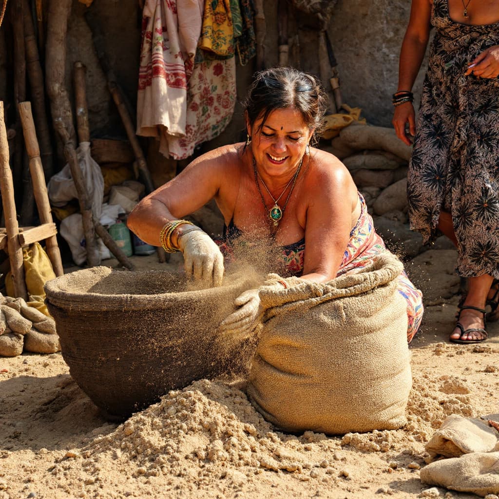 AI generated: Uma mulher, fazendo agachamento, com uma SAND BAG