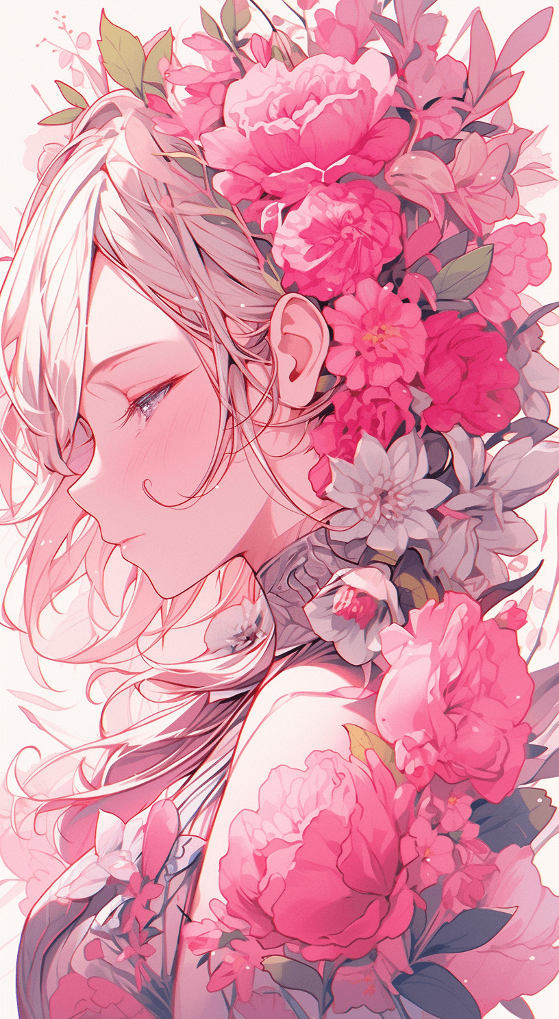 AI generated: a pencil drawing of an artistic woman with flowers in her hair, in the style of light crimson and li...