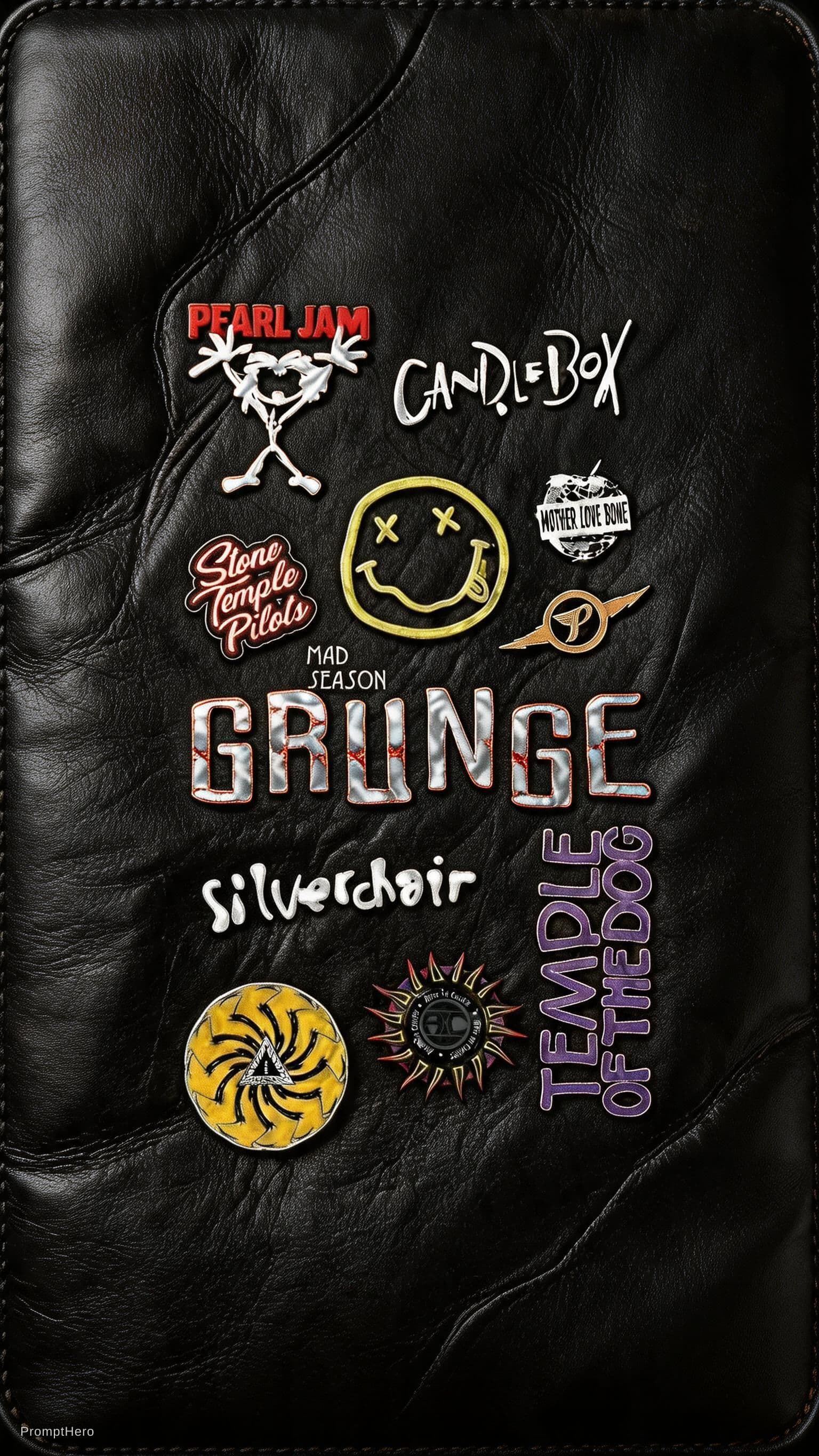 AI generated: Change the background to textured black leather background and give the text and emblems in the imag...
