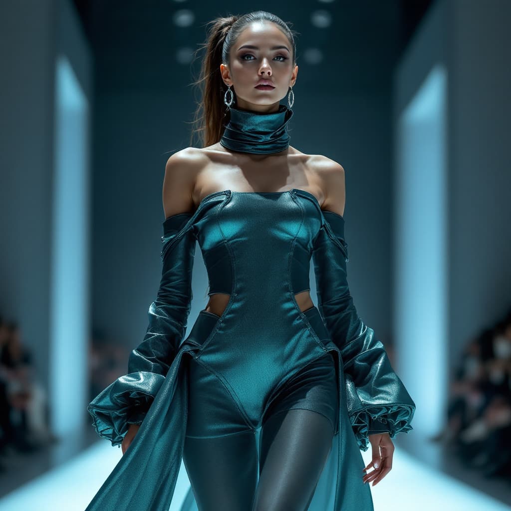 AI generated: Realistic photo of a model in avant-garde fashion, futuristic, bold, high fashion runway.
