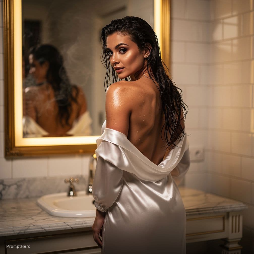 AI generated: A stunningly beautiful nude woman with long,wet,dark hair cascading down her back,standing in a luxu...