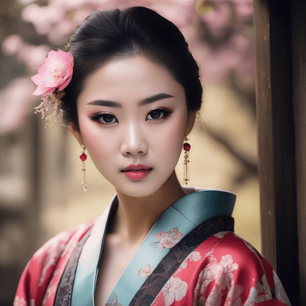 AI generated: Beautiful Asian woman, porcelain skin, flawless and radiant, ethereal beauty, monolid eyes dark and ...