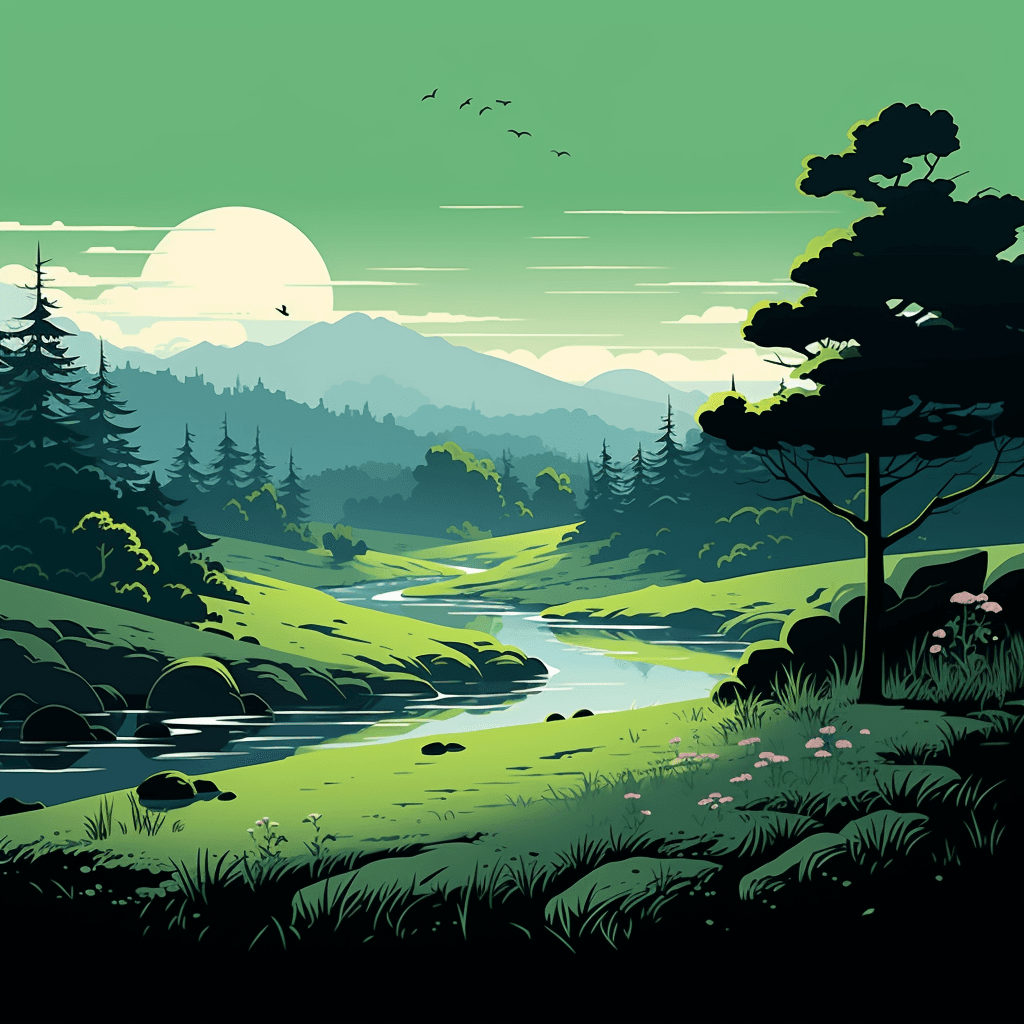 AI generated: Minimalist vector, anime landscape from Studio Ghibli, serene with clean lines, nature, light, wind,...