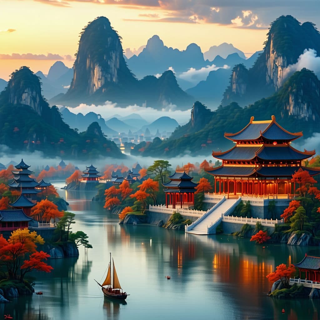 AI generated: Scenic view, ancient Chinese kingdom, pixar style, intricate crafts, details of traditional Chinese ...
