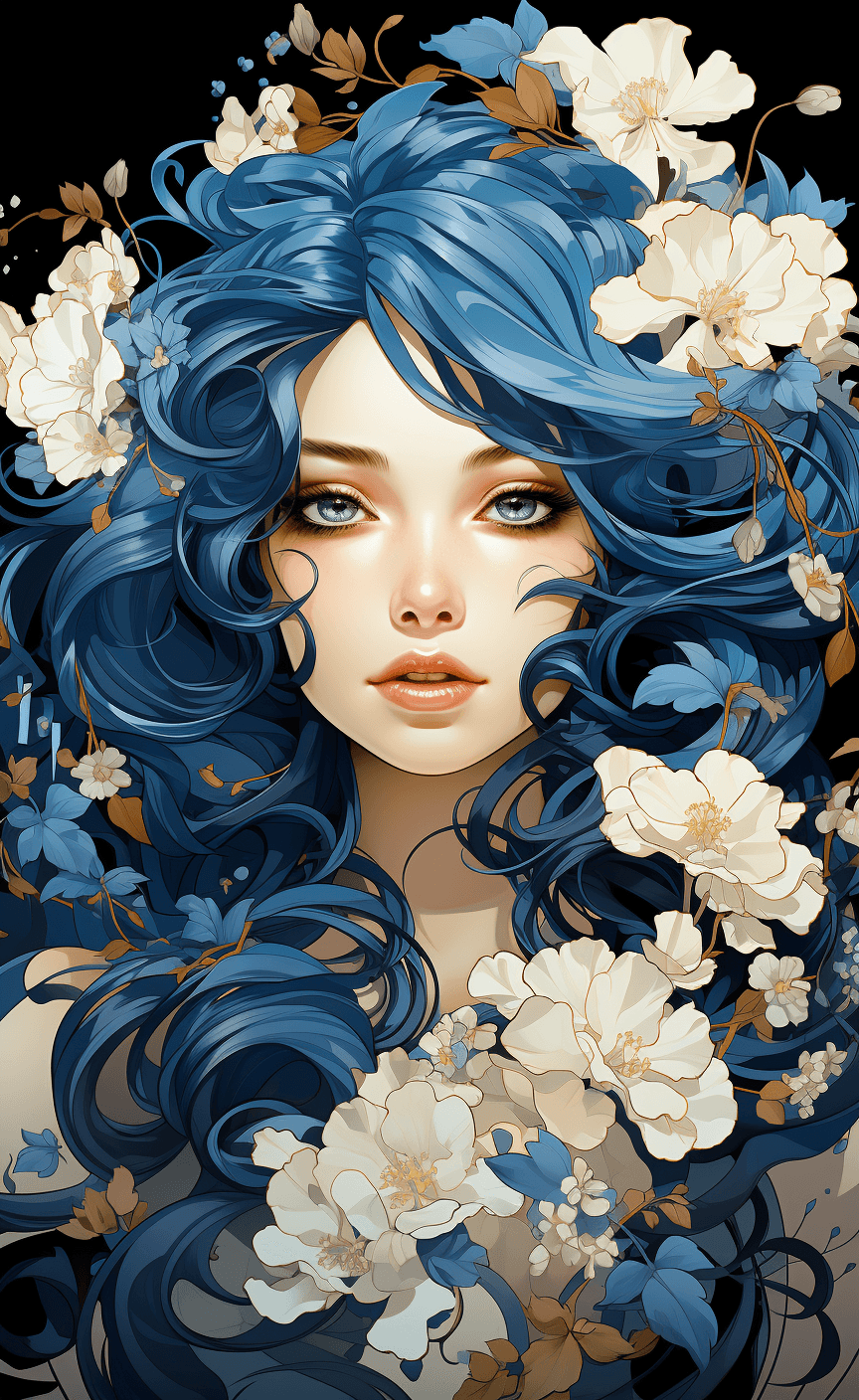 AI generated: blue lady flowers and black background, in the style of charming illustrations, serene faces, dark w...